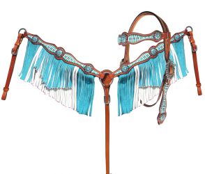 Showman Turquoise and White leather laced browband headstall and breast collar set
